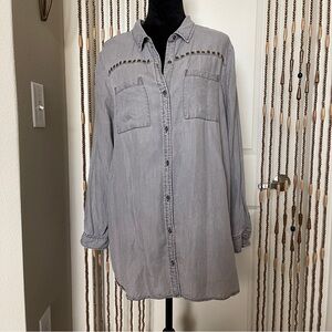 Intro Roll Tab Sleeve Womens Button Up Blouse w/Studded Detail Grey XL Grunge